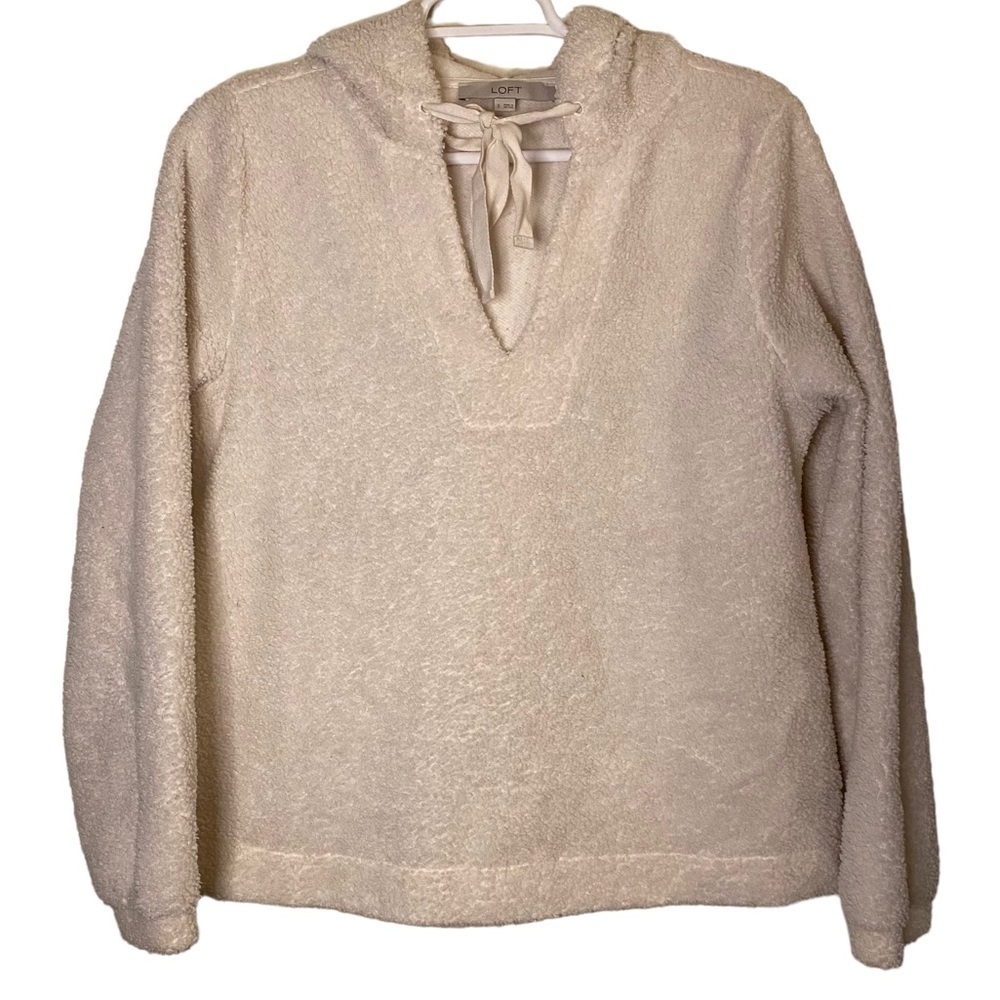 LOFT Loungewear Sherpa Hoodie Sweater Ivory Cream Soft Pullover Fleece Small